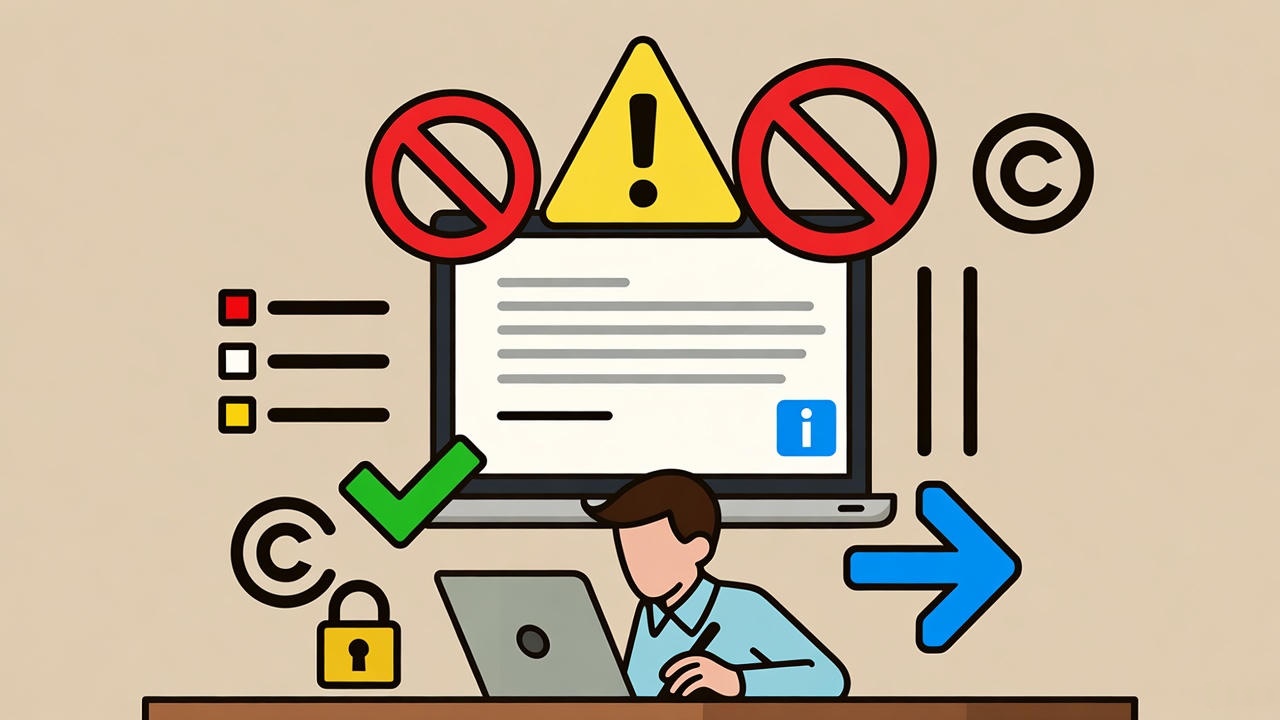 A person working on a laptop surrounded by copyright, warning, and restriction symbols, representing online content copyright protection, intellectual property rights, and digital data security.